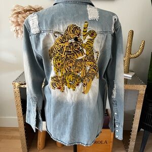 Free People Tiger Embroidered Destroyed Denim Jacket